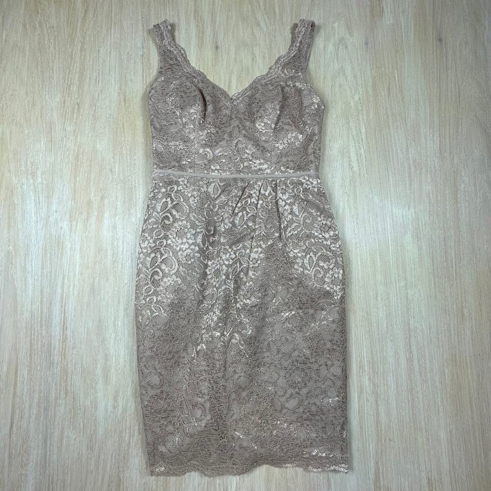 David's Bridal Gold Metallic Short Tank Lace V Neckline Lace Glam Party Dress 4